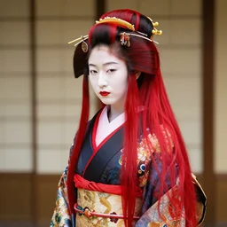 a japanese geisha in traditional clothes with long red hair