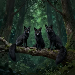three black foxes sitting on a high branch in a dense green forest at night, extreme low angle shot, detailed illustration, hd, overdetailed art, by greg rutkowski, trending on ArtStation, concept art, cgsociety, octane render, trending on artstation, artstationHD, artstationHQ, unreal engine, 8k