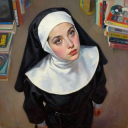 hyperrealism oil painting, portrait shot from above model in a nun's costume looking up, in style of classicism mixed with 8 0 s sci - fi japanese books art