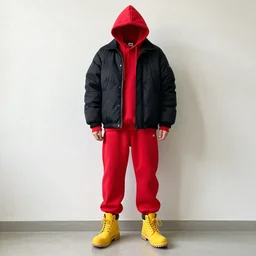 photo of sora outfit with black jacket and red jumper suit with yellow boots