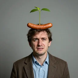 hide the pain harold with a sausage growing from his forehead, surreal, absurdist, stock photo, dslr, high quality