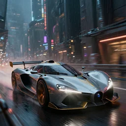 a futuristic car high speed chase down a blade runner looking city, dimmed neon lights, lens flare, night life, heavy rain, deep focus, d & d, fantasy, intricate, elegant, highly detailed, digital painting, artstation, concept art, matte, sharp focus, illustration, hearthstone, art by artgerm and greg rutkowski and alphonse mucha