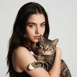 a girl that slightly looks like aubrey plaza, with long dark hair holding a cat in her arms, a stock photo by juan villafuerte, pexels contest winner, high quality photo, rtx, hd, shiny eyes, rasquache