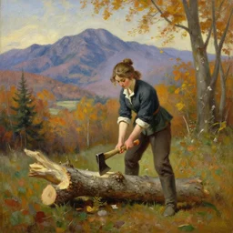 landscape portrait of a girl chopping a hickory tree with an axe, autumn mountains, original oil on canvas painting by william sydney mount, trending on artstation