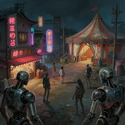 close - up of old cyborgs exploring small town cyperpunk amusement, neon food signs, ancient big top circus tent, highly detailed, nightmare, japan, digital painting, concept art, matte, art by ruan jia and wlop and greg rutkowski and makoto shinkai, masterpiece
