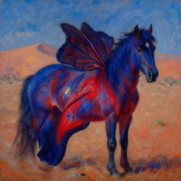 close up of the glowing moth horse of the namibian desert. a symphony in indigo and red. painting by henri rousseau, yves yanguy, monet, arcimboldo