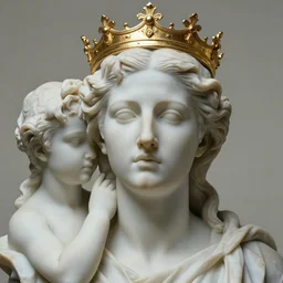 beautiful closeup portrait of a ethereal lady with a gold crown, marble sculpture by greg rutkowski, josan gonzalez, rodin, michelangelo, cinematography by christopher nolan, imaginative, creative, emotion : madness
