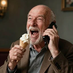 old bald guy yelling on the phone and eating ice cream