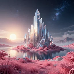 landscape by gordon bunshaft, futuristic tundra morning sun crystal architecture island fantasy at dawn myst vaporwave dramatic lighting san andreas infrared meadow synthwave atlantis gem nightsky lake universe bladerunner 2 0 4 9, archdaily, wallpaper, highly detailed, trending on artstation.