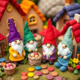 handmade diorama made of felt, clay, sewn, crochet!!!! other miscellaneous households items and crafts!!! of happy gnome villagers in a village, vibrant, colorful, cute, primary color palette, hd image