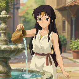 anime waifu greek robe. pour water from vase into stone fountain, spanish ghibli alleyway. symmetrical face. symmetrical detailed defined eyes. isekai background style.