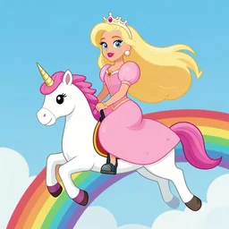 lady gaga as a princess with extremely long blond hair from a cartoon riding a unicorn over a rainbow