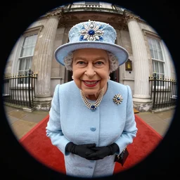 a fisheye lens photo of her majesty the queen