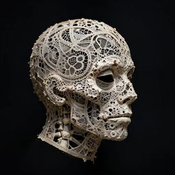 a man's face in profile, made of intricate lace skeleton, in the style of the dutch masters and gregory crewdson, shot from drone, dark and moody