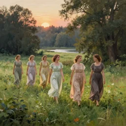 summer landscape with beautiful girls walking, faint sunrise, lush field, forest, river, matte painting, by Isaac Levitan and Asher Brown Durand, Greg Rutkowski