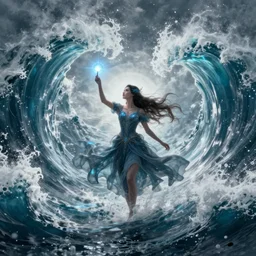 sorceress casting a spell to walk within a massive wave, trending on artstation, fantasy