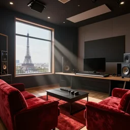 A photorealistic virtual music studio, Paris hotel style, red velvet furniture, light rays coming out of the windows, the windows have a view on Paris, raytracing, highly detailed, futuristic, unreal engine 5, photoscanned, photorealistic,