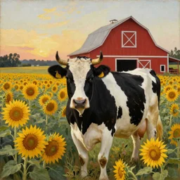 a black and white cow standing in a beautiful field of sunflowers with a red barn behind it, by Michael Sowa, head and shoulders portrait, golden hour, extremely detailed masterpiece, oil on canvas, by J. C. Leyendecker and Peter Paul Rubens and Edward Hopper and Michael Sowa,