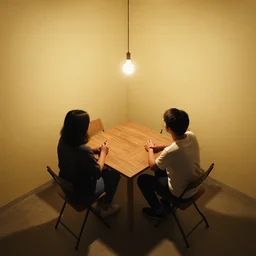 a matte painting overhead view of 2 people sitting across from each other at a square table : : in a bare room : : with a single hanging light bulb above them : : the table is wood : : the chairs are folding chairs : : the walls are a dull yellow with shadows respective to lighting of the light bulb