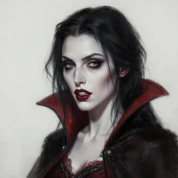 a realistic head and shoulder professional portrait of a female vampire, painted in the style of bloodborne, interesting color use, vampire fashion, highly detailed, melancholy, vampire teeth