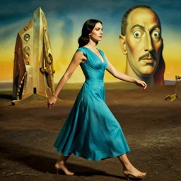 a female warrior in a turquoise dress, marching with confidence, cinematic lighting, establishing shot, salvador dali art
