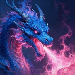 a firebreathing dragon face breathing blue and pink flames, pink fire from its mouth, surrounded by blue and pink fire, hyperrealistic, highly detailed, intricate, elegant, smooth, dnd, fantasy illustration, octane render, 8 k, concept art, artstation, oil painting by greg rutkowski, artgerm, wlop