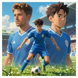 soccer show poster by Michael Whelan and Tomer Hanuka, blue jerseys, full of details, by Makoto Shinkai and thomas kinkade, Matte painting, trending on artstation and unreal engine
