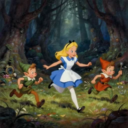 a scene of colorful cartoon elves running through a clearing in a dark fantasy forest surrounded by darkness. hyperrealist illustration. muted colors. 1 9 7 0's pulp science fiction and fantasy cartoon for alice in wonderland and wizard of oz. highly detailed and richly colored painting. trending on artstation