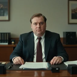 cinematic still of portly clean-shaven white man wearing suit and necktie at his desk in his office in 1994 film, XF IQ4, f/1.4, ISO 200, 1/160s, 8K, RAW, dramatic lighting, symmetrical balance, in-frame