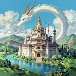 a magical palace around mountains and river, a white dragon spirit flying in the sky, miyazaki's animated film, ghibli studio, spirited away, princess mononoke, 4 k, highly detailed,