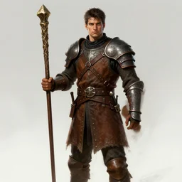 realistic portrait, 30 year old man, dark taint :: athletic, medieval leather armour, brown cloth clothes, wooden staff :: high detail, digital art, RPG, concept art, illustration