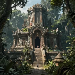 detailed sci - fi concept art of a detailed ancient temple in an overgrown forest, depth of field, unreal engine, artstation, award - winning realistic sci - fi concept art by james gurney in the style of yoshitaka amano, in the style of james gurney.