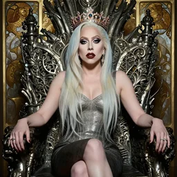 fine portrait of lady gaga with pale skin and a crown on her head sitted on an intricate metal throne, hands, art by jeremy pitkin, alphonse mucha, greg rutkowski, tim hildebrandt, boris vallejo, artgerm,