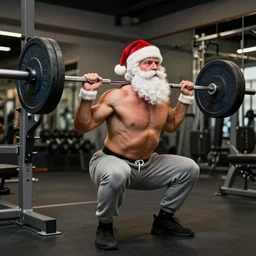 shirtless muscular santa claus wearing sweatpants and doing a barbell squat in a gym, 8 k, dslr, very detailed, very intricate,