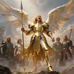 dynamic fullbody!!! portrait of a powerful magical warrior screaming to the sky, armed with elaborate spear, angelic wings, golden armor, well lit, by greg rutkowski and gaston bussiere and craig mullins and j. c. leyendecker, volumetric lighting, hd