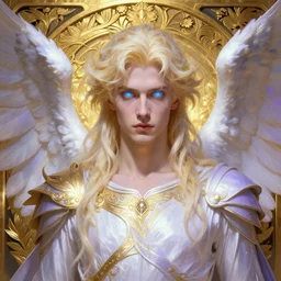 the pale blond male angel of battle lucius wearing a white periwinkle, sci fi, glowing eyes, volumetric lights, gold theme, art nouveau botanicals, intricate, highly detailed, digital painting, artstation, concept art, smooth, sharp focus, cinematic, illustration, beautiful face, art by artgerm and greg rutkowski and alphonse mucha