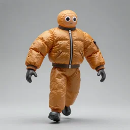 a single striding slender figurine of a tall giant inflated space man action figure wearing over sized amber puffy bomber jacket, long bendy arms and legs, googly eyes, tareme eyes, small head, personification, dynamic pose, detailed product photo, tone mapped, beautiful composition, 8 5 mm, f 5. 8, soft lighting