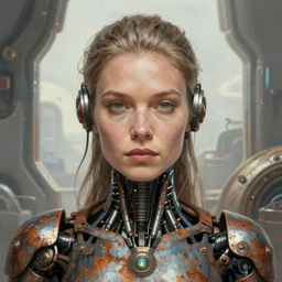 closeup portrait shot of a female biomechanic woman in a scenic scifi environment, intricate, elegant, highly detailed, centered, digital painting, artstation, concept art, smooth, sharp focus, rusty body, illustration, thomas kinkade, tomasz alen kopera, peter mohrbacher, donato giancola, leyendecker, boris vallejo