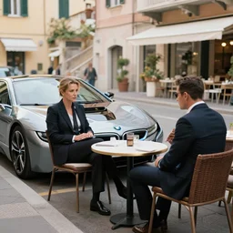 two criminals in suits are sitting in a cafe in the italian riviera with a bmw i 8 parked next to them