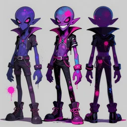 character design sheets for a new sinister vampire squid character, artwork in the style of splatoon from nintendo, art by tim schafer from double fine studios, black light, neon, spray paint, punk outfit, tall thin frame, adult character, fully clothed, vampire, spray paint, colorful, jaw breaker color, neon pink, flecks of paint, pop art