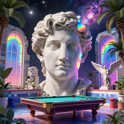 earl norem, giant head, rainbow prism of pure light, vaporwave 8 0's tile pool room, giant head statue ruins, by beeple, rainbow, windows, 3 d rendering, fantasy lut, epic composition, cosmos, surreal, angelic, roman marble statue, cinematic, 8 k, milky way, photorealistic, palm trees