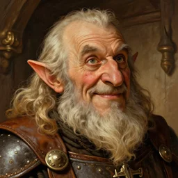 head and shoulders portrait in a tavern of a dwarf adventurer, jovial, scarred lip, grandfatherly, leather armor, male, high fantasy, d & d, by alphonse mucha, face details, extremely detailed, digital illustration