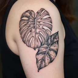 tattoo of a monstera deliciosa leaf and a alocasia zebrina leaf, intricate, elegant, thin lines