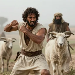 photographic portrait of angered Mediterranean skinned man in ancient Canaanite farmer clothing fighting a Mediterranean skinned shepherd in ancient Canaanite shepherd clothing, farm field background, sharp detail, hyper realistic, foggy atmosphere, intense facial expression, octane render
