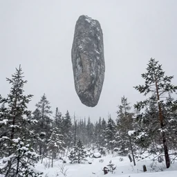 a taiga with a large monolith hovering above it. overcast sky, snowing.