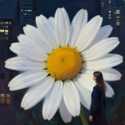 closeup, giant daisy flower head, woman in modern city, surreal photography, night light, dark, impressionist painting, digital painting, artstation, simon stalenhag
