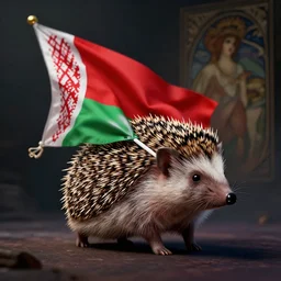 photorealistic render of a hedgehog carrying white - red - white belarusian flag, by wlop, artgerm, greg rutkowski, alphonse mucha, beautiful dynamic dramatic dark moody lighting, shadows, cinematic atmosphere, artstation, concept design art, octane render, 8 k