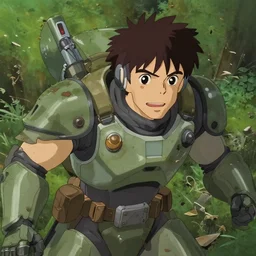 a stylized 2 d cinematic keyframe of a post - man in scifi armour, close - up, combat position, covered by nature, debris, abandoned, joy gaze, cel - shaded, classical animation, edge - to - edge print, rendered by studio ghibli, artgerm, alyssa monks, andreas rocha, david kassan, neil blevins, rule of thirds, golden ratio