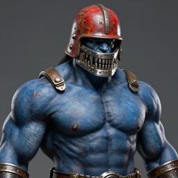 solid thick super muscly male portrait, rusty red helmet, large metal jaw, blue skin, ultra realistic, intricate details, blade runner artifacts, highly detailed by peter mohrbacher, allen williams, hajime sorayama, wayne barlowe, boris vallejo, aaron horkey, gaston bussiere, craig mullins