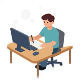 isometric flat art of a person writing at a desk smiling